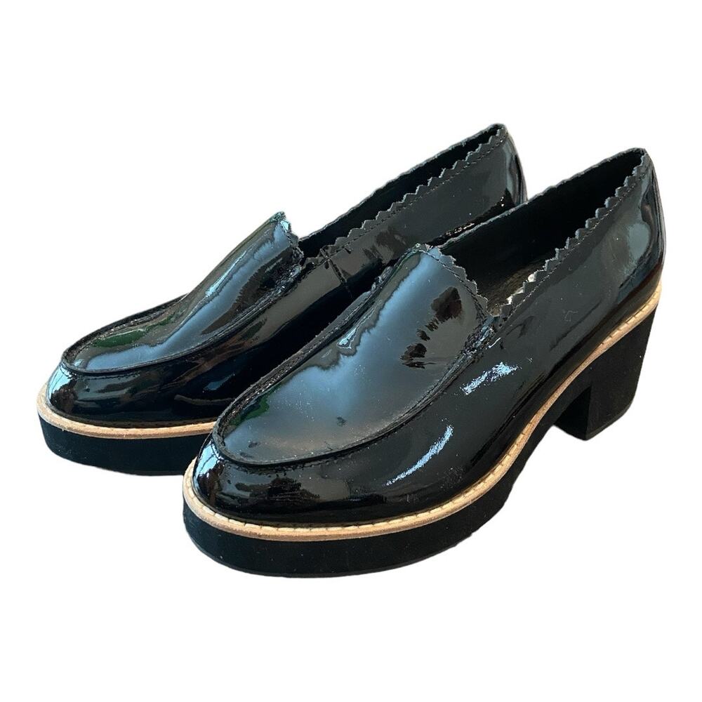 EILEEN FISHER Harria Platform Heeled Loafer Glossy Patent Leather Black Size 6.5